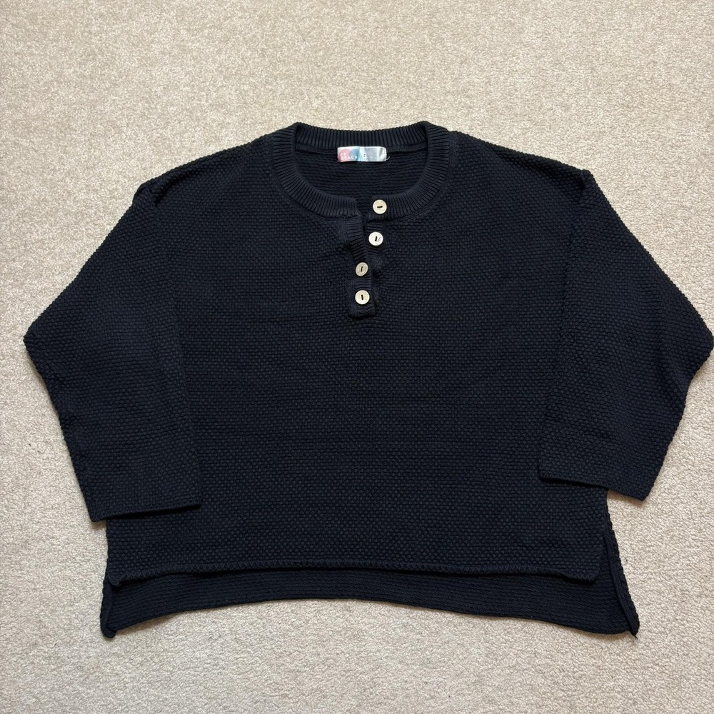 FP Beach Hailee Sweater Small Black Waffle Knit Henley 3/4 Sleeve Oversized Cozy